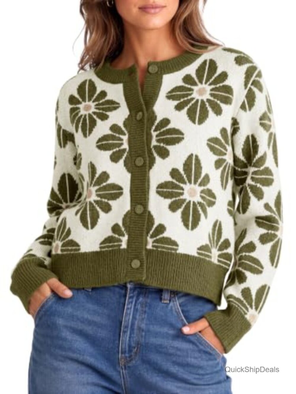 Women's Floral Chunky Knit Button Up Cardigan Sweater